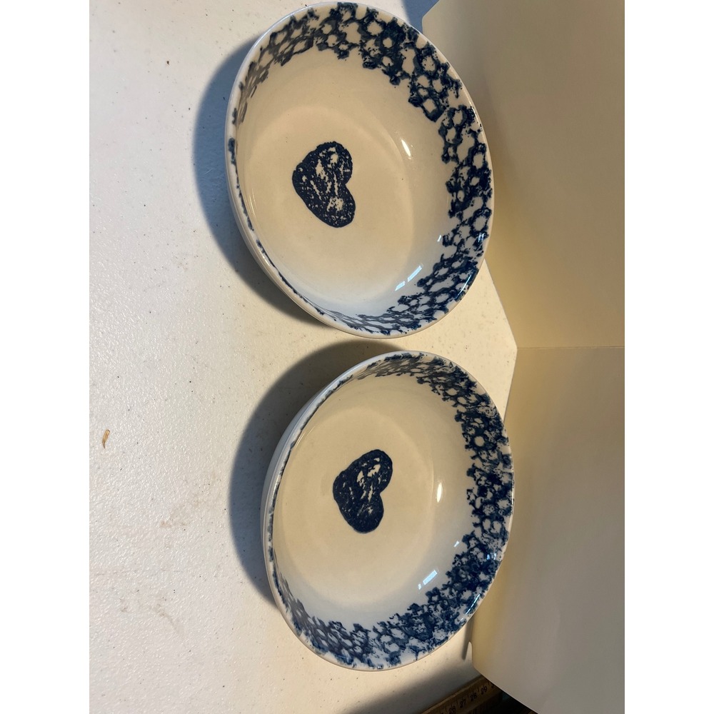 Tienshan Folk Craft Hearts Blue Spongeware Cereal Bowls Set of 2 Stoneware